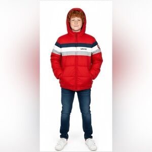 Puffer jacket Levi's Vibrant Red‎ with Stripes NWOT, ships next day .